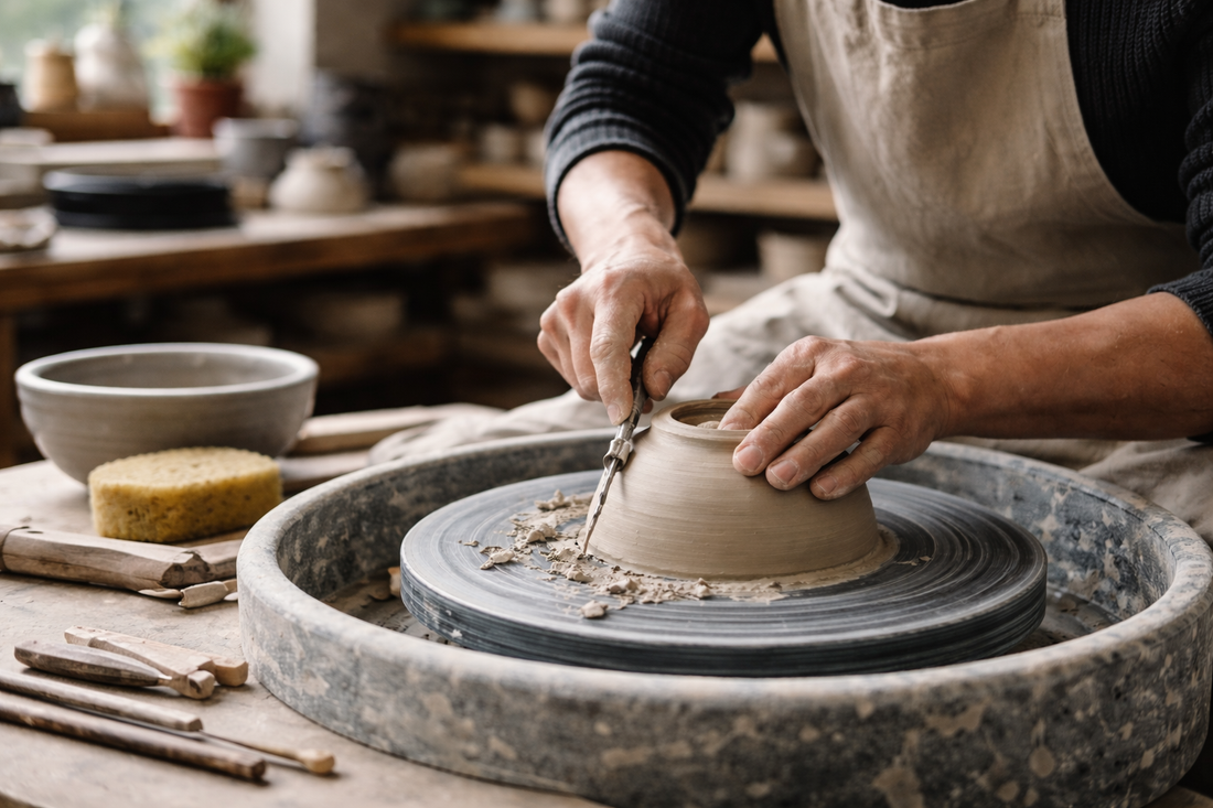 Artisan shaping clay on pottery wheel