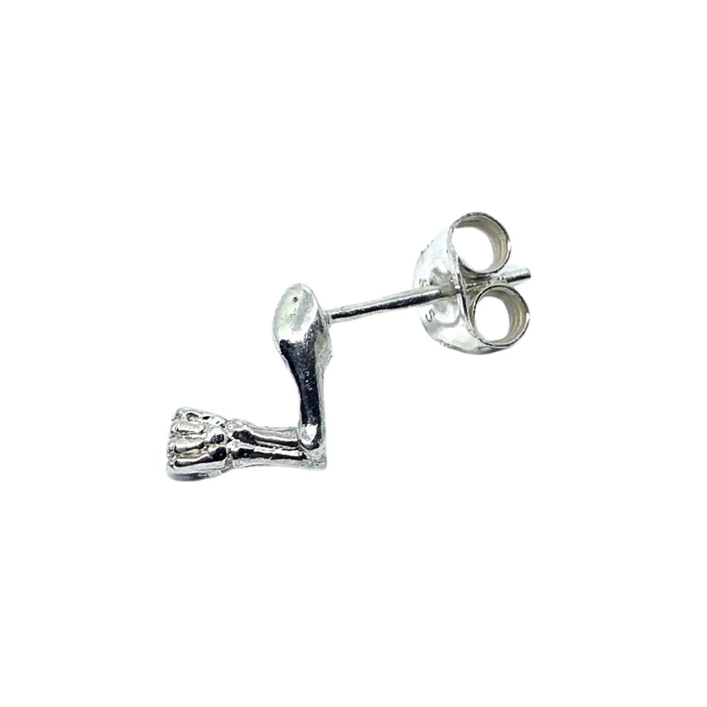 Gothic Skull Earrings - Handcrafted Sterling Silver Solo Stud by Tg-Jewellery By Tamara Gervasio (skull-arm-solo-stud-earring-in-sterling-silver-925-oxide-finish)