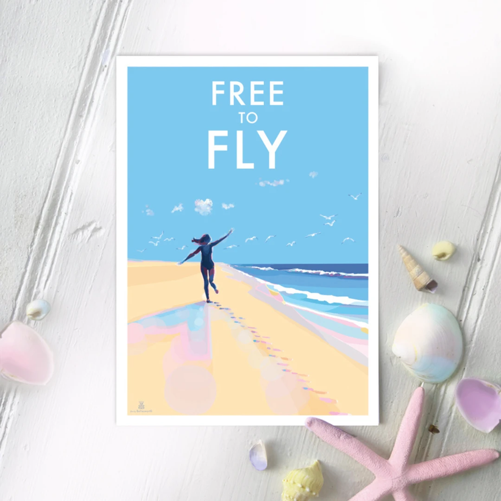 Coastal Wall Art – Free To Fly Beach Scene A4 Print by BeckyBettesworth (free-to-fly)