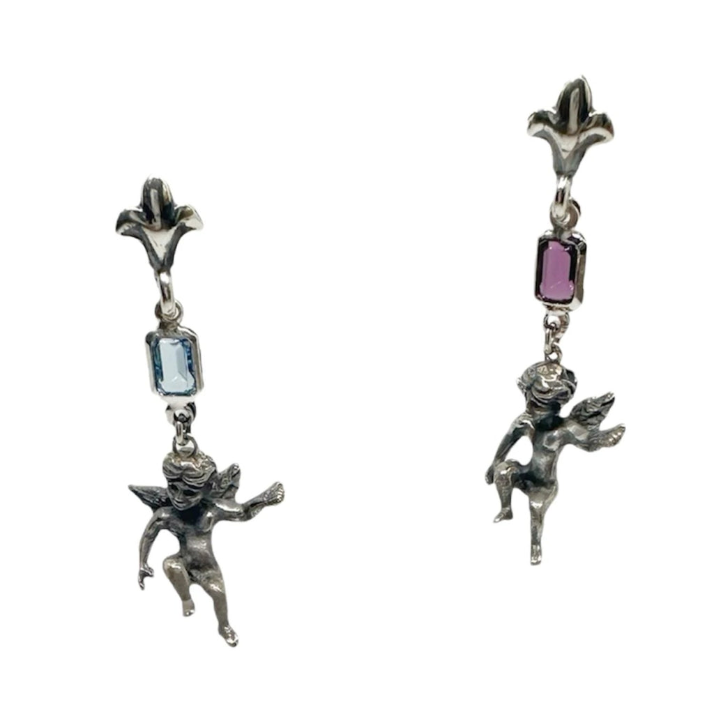 Sterling Silver Earrings – Ancient Cherub Design with Mixed Gemstones by Tg-Jewellery By Tamara Gervasio (one-of-a-kind-ancient-cherub-earrings-in-sterling-silver-with-amethyst-aquamarine)