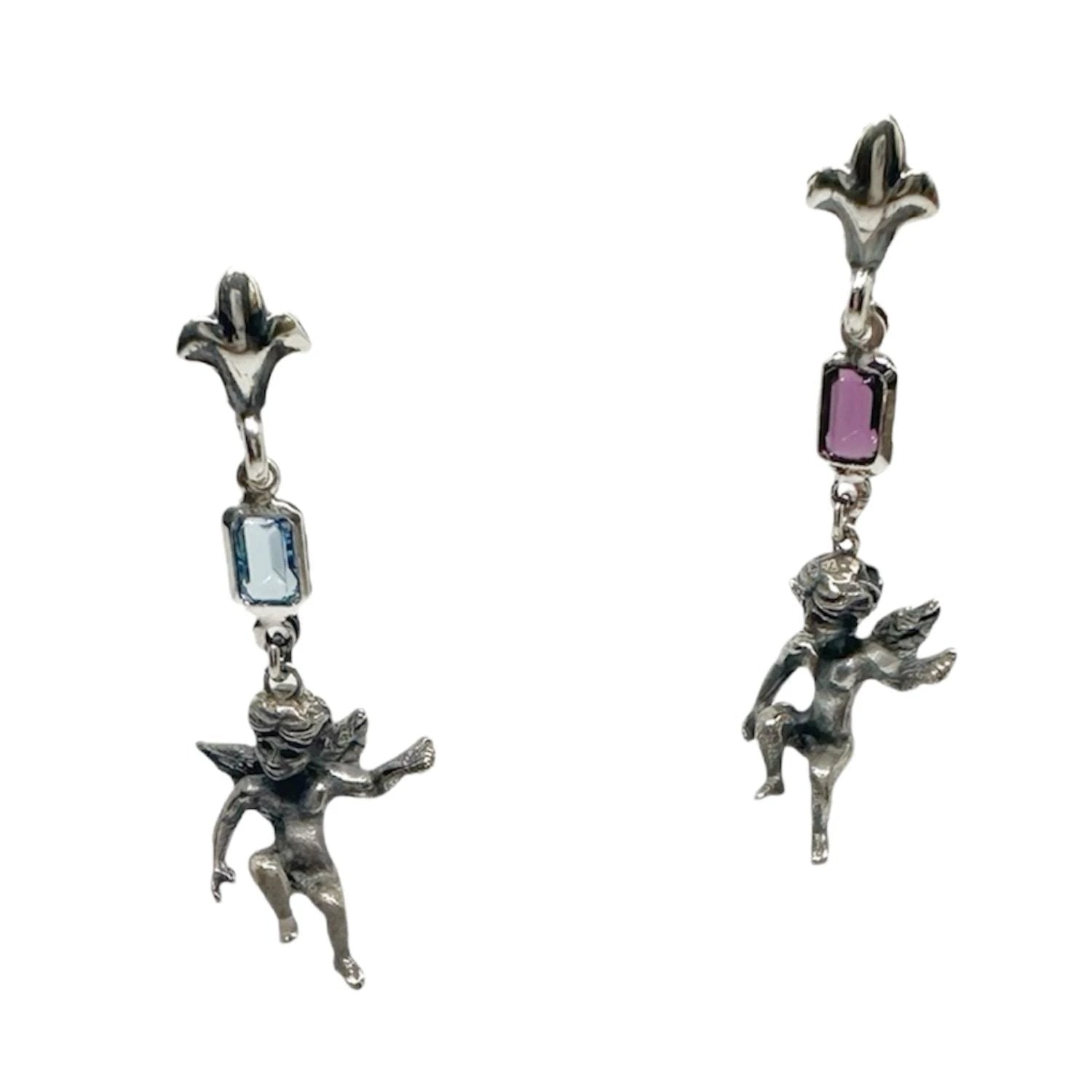 Sterling Silver Earrings – Ancient Cherub Design with Mixed Gemstones by Tg-Jewellery By Tamara Gervasio (one-of-a-kind-ancient-cherub-earrings-in-sterling-silver-with-amethyst-aquamarine)