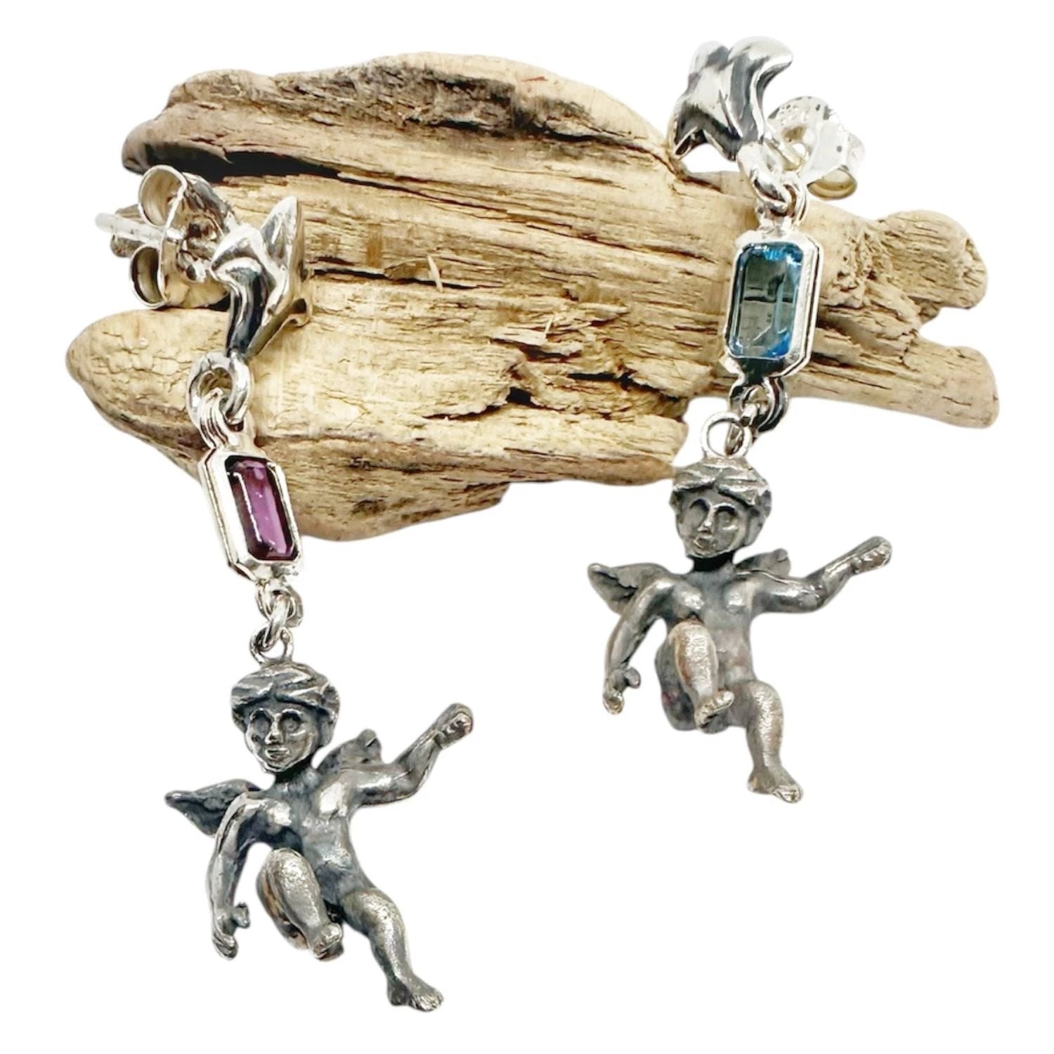 Sterling Silver Earrings – Ancient Cherub Design with Mixed Gemstones