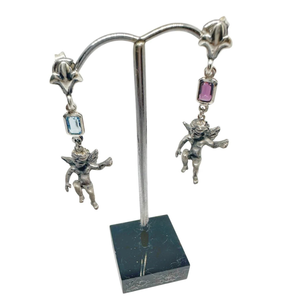 Sterling Silver Earrings – Ancient Cherub Design with Mixed Gemstones
