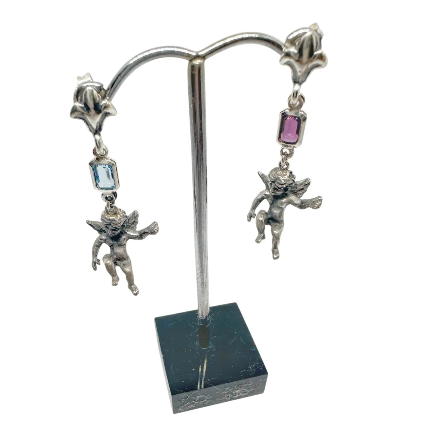 Sterling Silver Earrings – Ancient Cherub Design with Mixed Gemstones