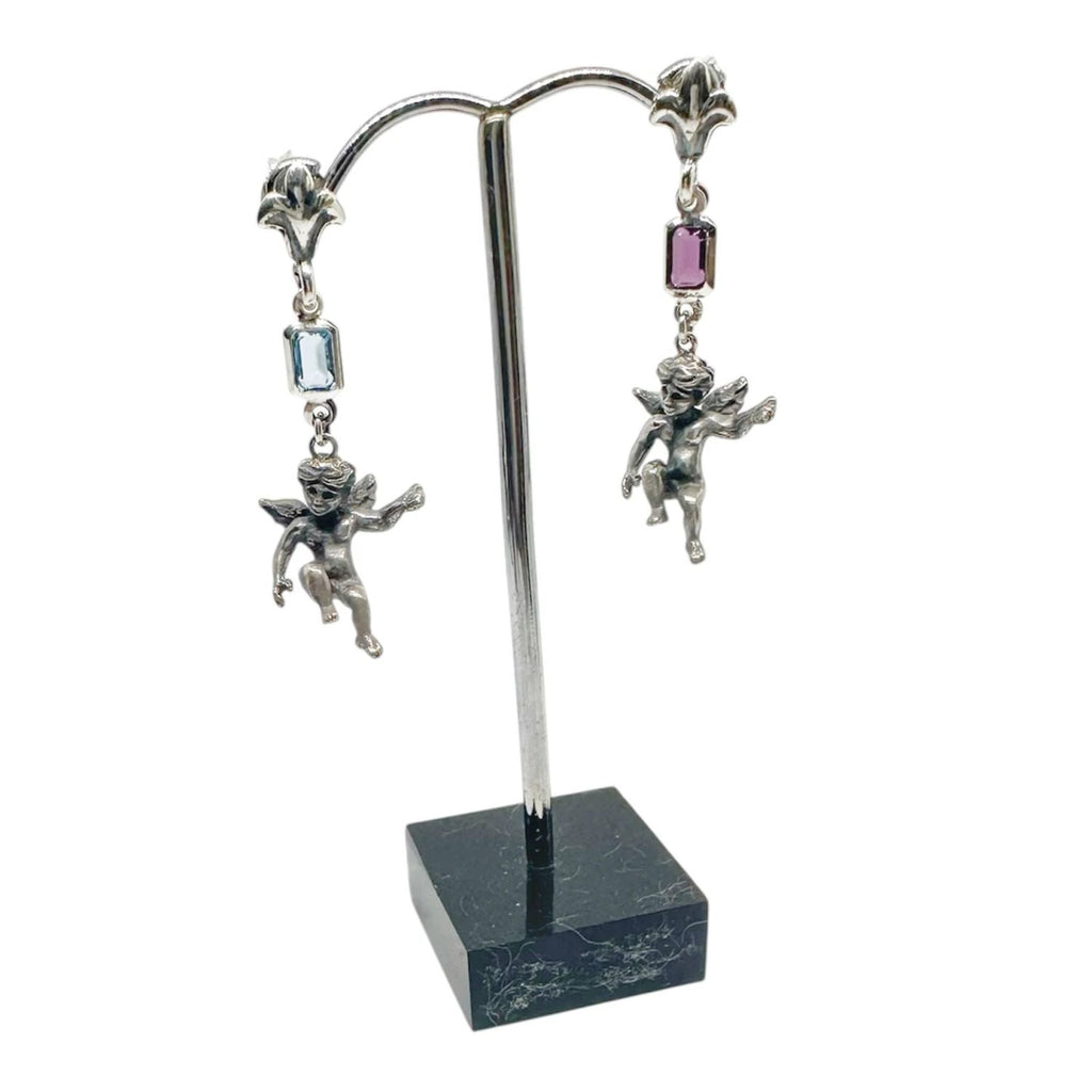 Sterling Silver Earrings – Ancient Cherub Design with Mixed Gemstones