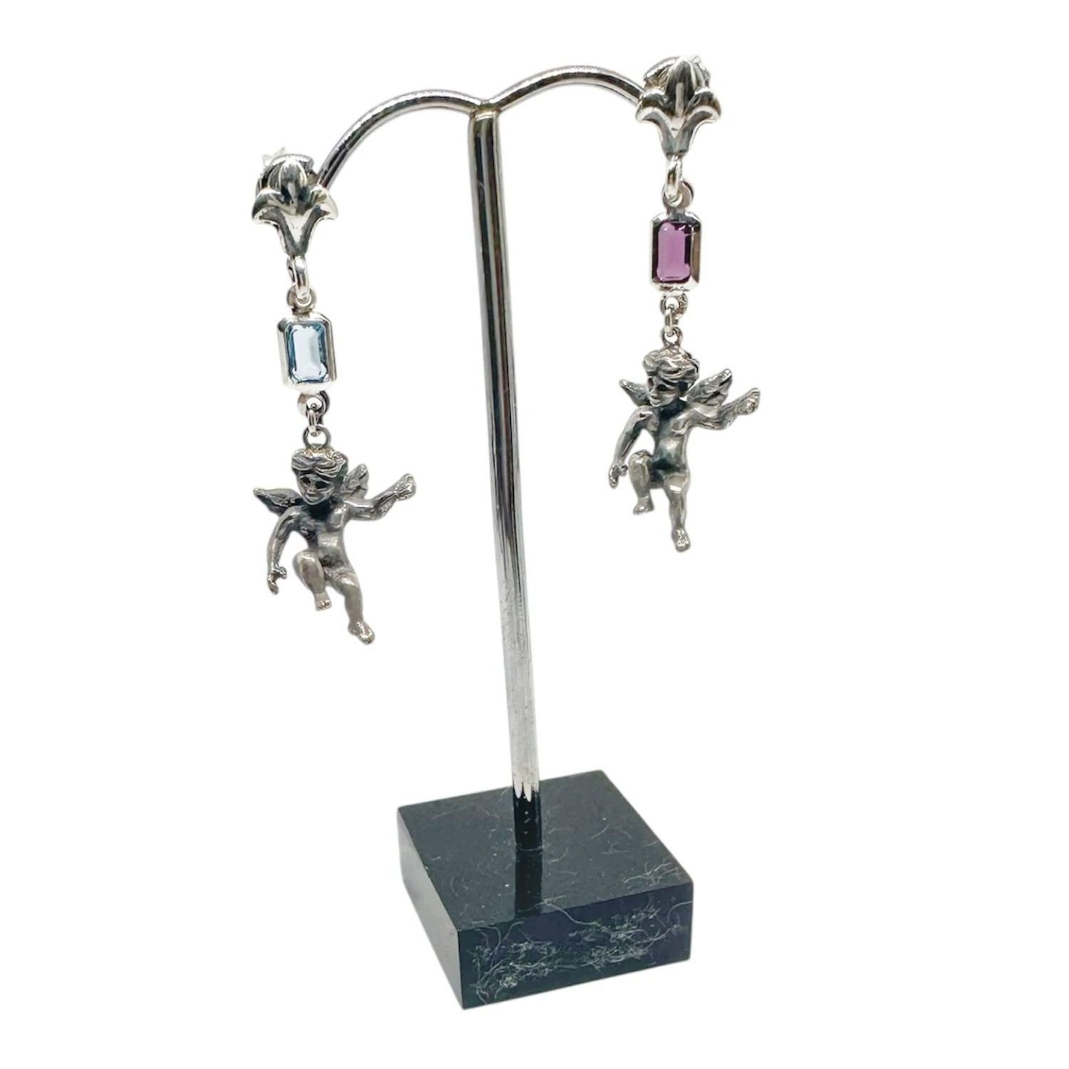 Sterling Silver Earrings – Ancient Cherub Design with Mixed Gemstones
