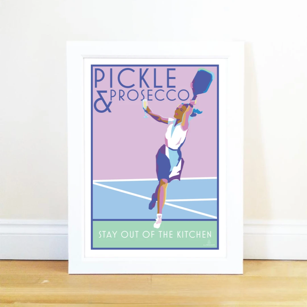 Pickleball Gift – Pickle & Prosecco Art Print by Becky Bettesworth by BeckyBettesworth (pickle-prosecco)