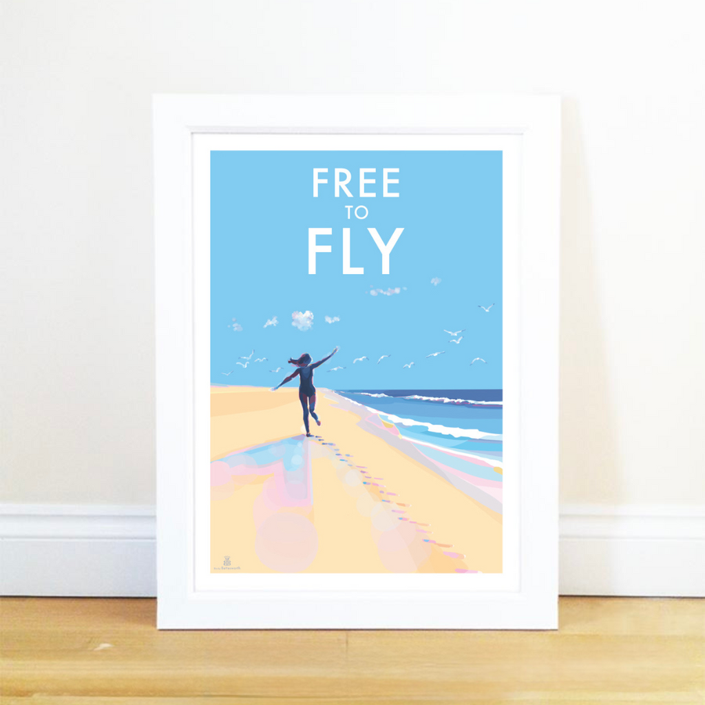 Coastal Wall Art – Free To Fly Beach Scene A4 Print by BeckyBettesworth (free-to-fly)