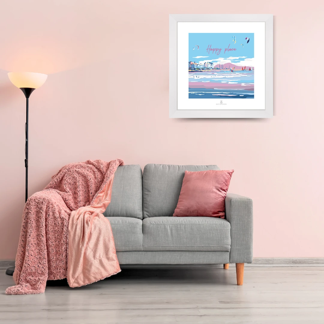 Seaside Art Print - Happy Place Beach Quote by Becky Bettesworth by BeckyBettesworth (happy-place)
