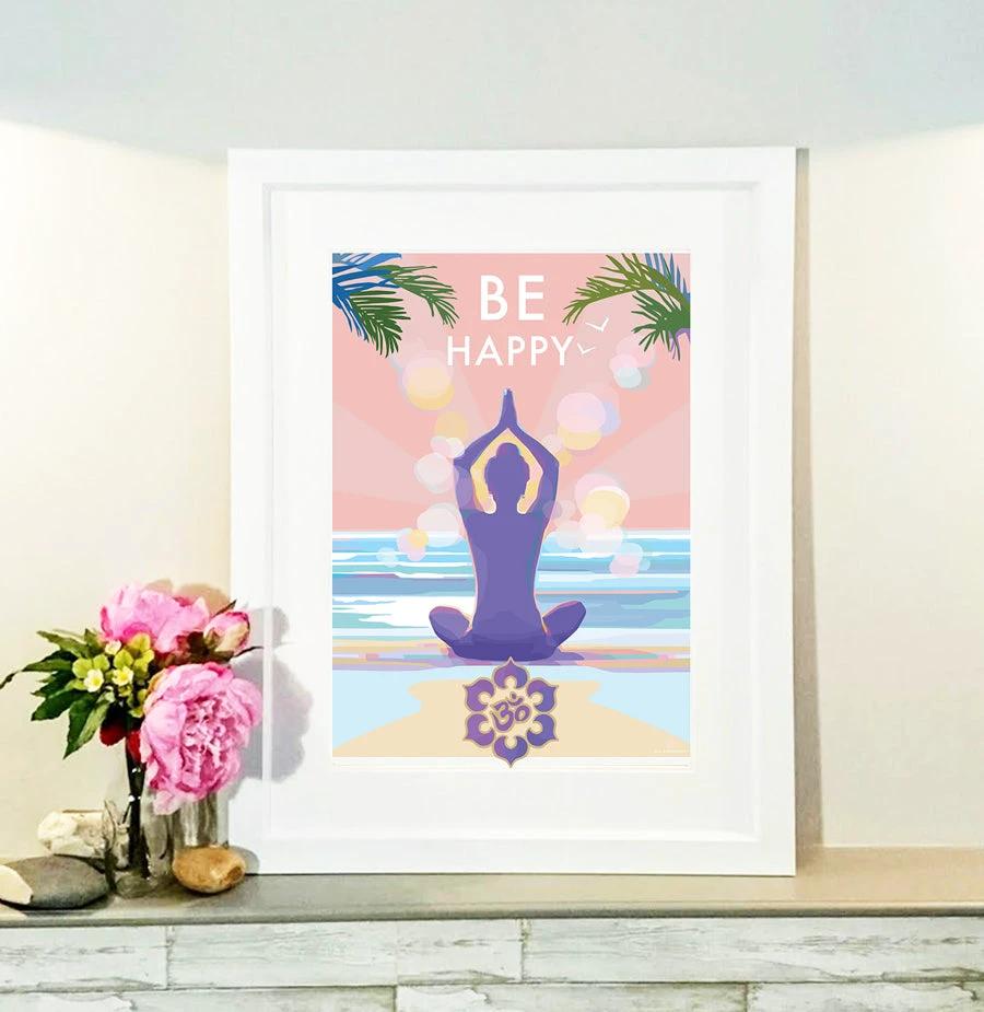 Mindfulness Wall Art – Be Happy Vintage Yoga Poster by Becky Bettesworth by BeckyBettesworth (be-happy)