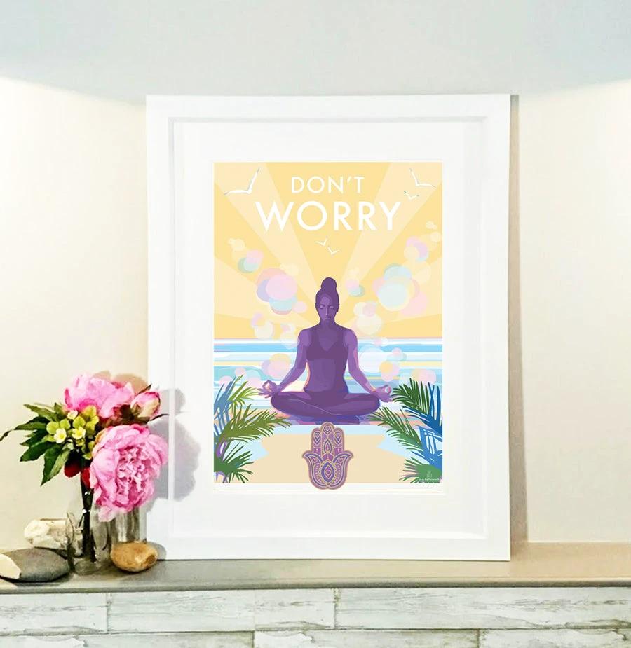 Mindfulness Poster – Don't Worry Vintage Style Yoga Print by BeckyBettesworth (dont-worry)