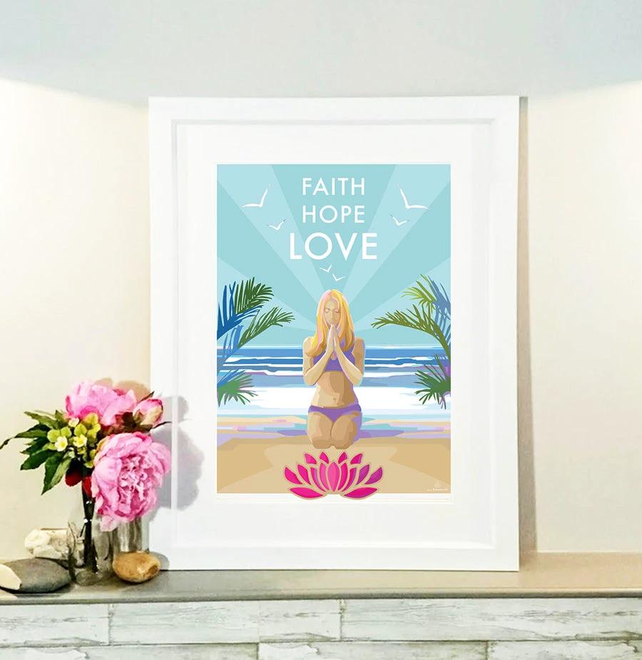 Motivational Wall Art – Faith Hope Love Yoga Print by Becky Bettesworth by BeckyBettesworth (faith-hope-love)