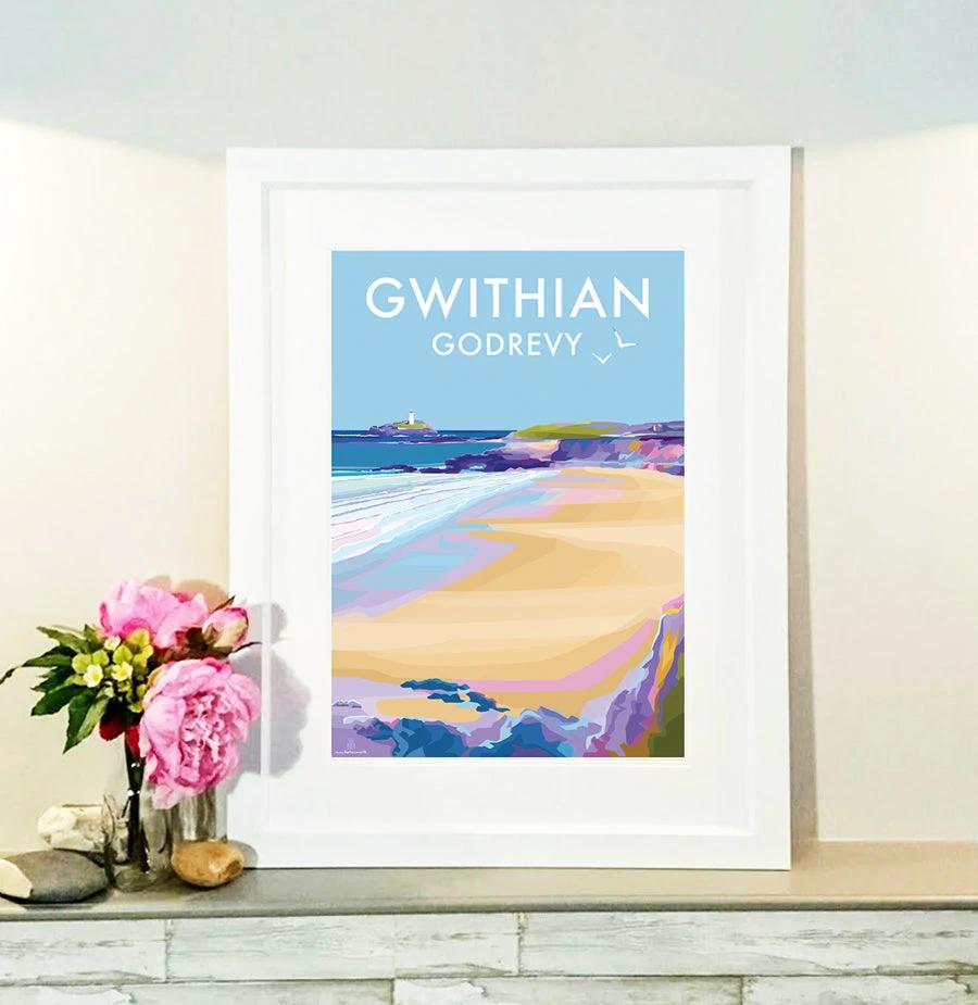 Cornwall Travel Poster – Gwithian & Godrevy Vintage Print by BeckyBettesworth (gwithian-godrevy)