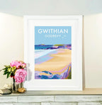 Cornwall Travel Poster – Gwithian & Godrevy Vintage Print by BeckyBettesworth (gwithian-godrevy)