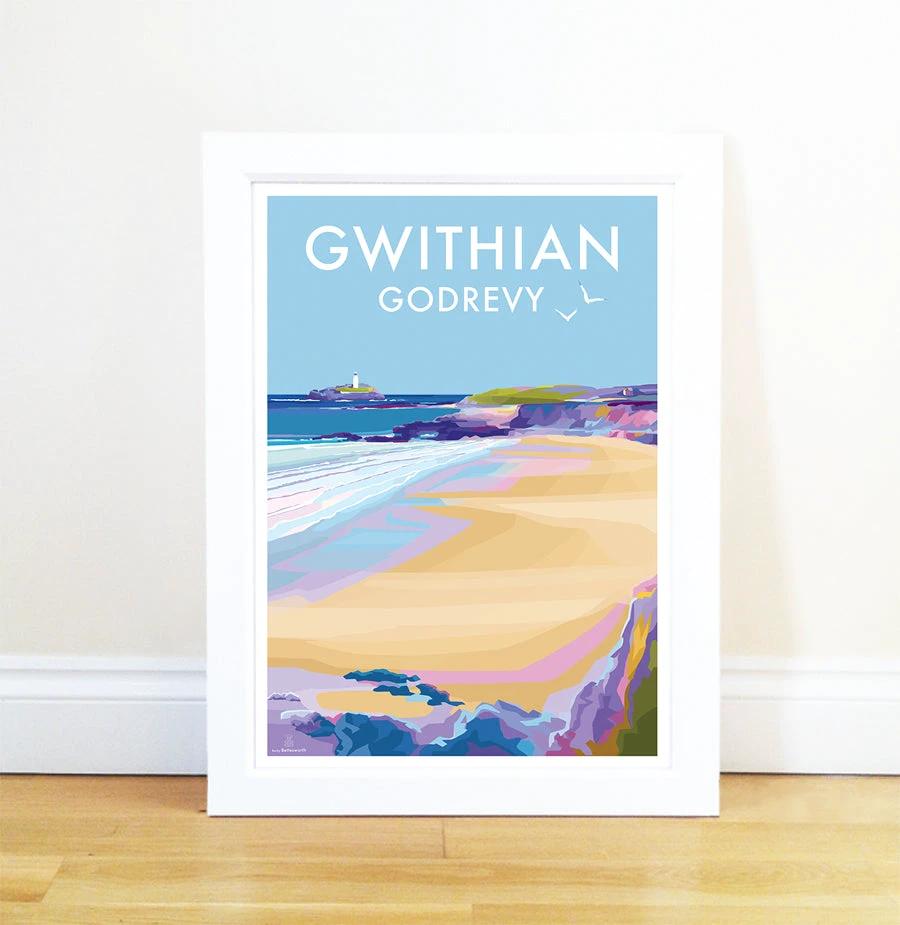 Cornwall Travel Poster – Gwithian & Godrevy Vintage Print by BeckyBettesworth (gwithian-godrevy)