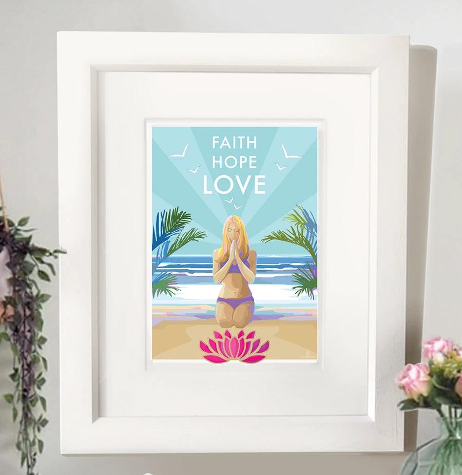 Motivational Wall Art – Faith Hope Love Yoga Print by Becky Bettesworth by BeckyBettesworth (faith-hope-love)