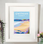Cornwall Travel Poster – Gwithian & Godrevy Vintage Print by BeckyBettesworth (gwithian-godrevy)