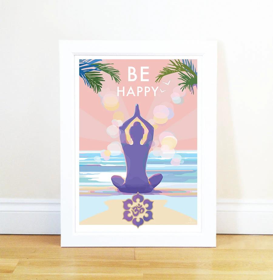 Mindfulness Wall Art – Be Happy Vintage Yoga Poster by Becky Bettesworth by BeckyBettesworth (be-happy)