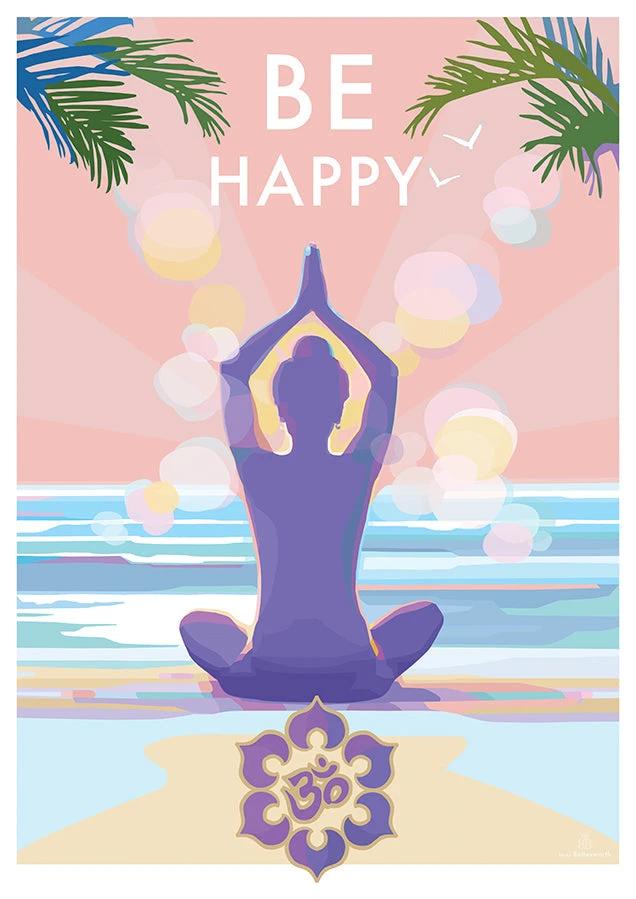Mindfulness Wall Art – Be Happy Vintage Yoga Poster by Becky Bettesworth by BeckyBettesworth (be-happy)