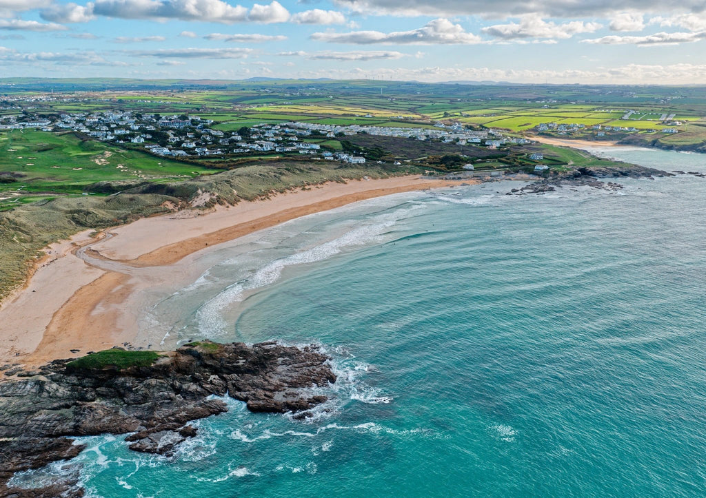 Cornwall Coastal Print – Constantine Bay Aerial View Giclee by Cornwall Prints (constantine-bay-looking-south-toward-treyarnon)