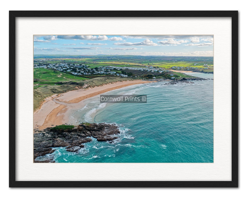 Cornwall Coastal Print – Constantine Bay Aerial View Giclee by Cornwall Prints (constantine-bay-looking-south-toward-treyarnon)