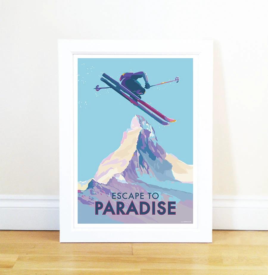 Vintage Ski Poster - Escape to Paradise Matterhorn Art Print by BeckyBettesworth (escape-to-paradise)