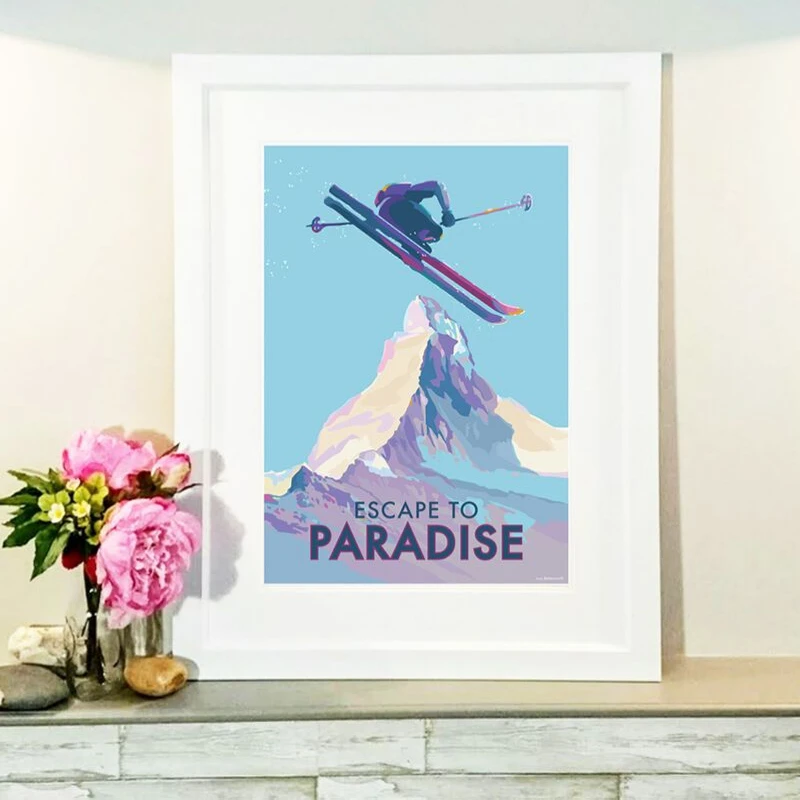 Vintage Ski Poster - Escape to Paradise Matterhorn Art Print by BeckyBettesworth (escape-to-paradise)