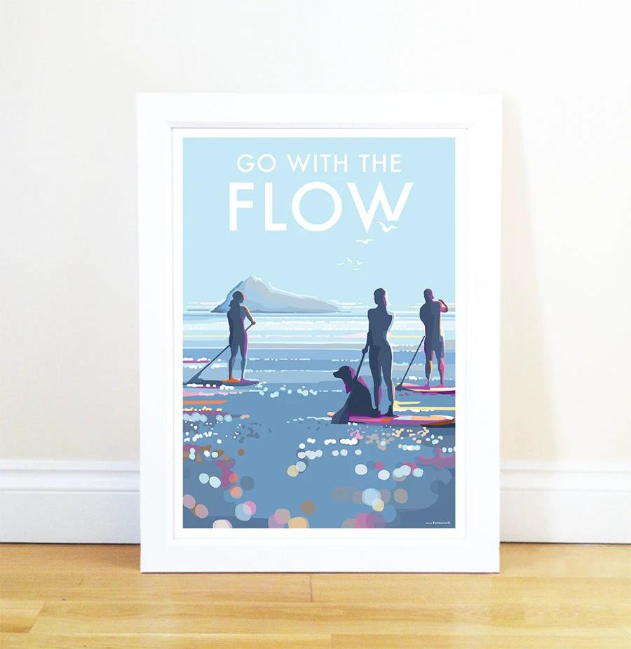 Paddle Board Poster - Vintage Devon Beach Scene Art Print by BeckyBettesworth (go-with-the-flow)
