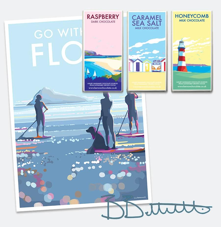 Paddle Board Poster - Vintage Devon Beach Scene Art Print by BeckyBettesworth (go-with-the-flow)
