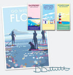 Paddle Board Poster - Vintage Devon Beach Scene Art Print by BeckyBettesworth (go-with-the-flow)