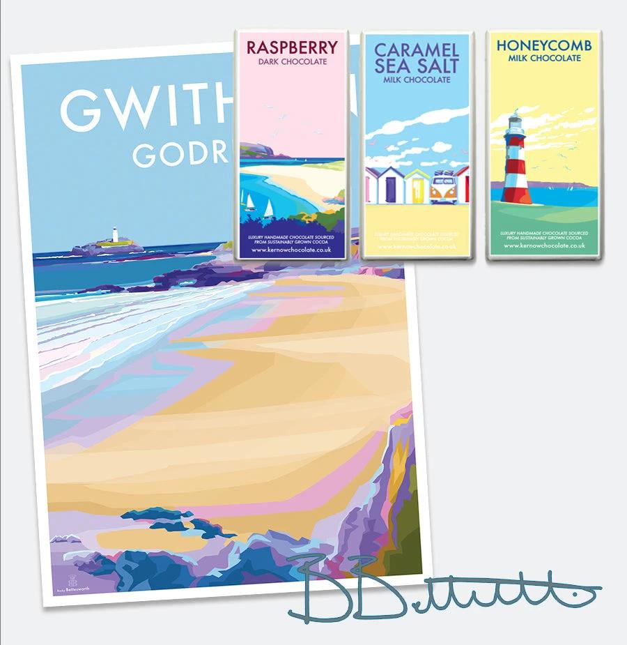 Cornwall Travel Poster – Gwithian & Godrevy Vintage Print by BeckyBettesworth (gwithian-godrevy)