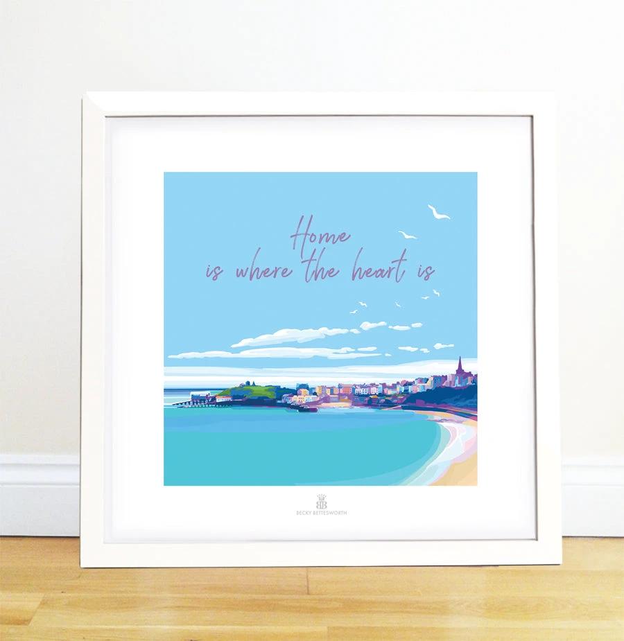 Seaside Art Print - Home Is Where The Heart Is Square Quote by BeckyBettesworth (home-is-where-the-heart-is)