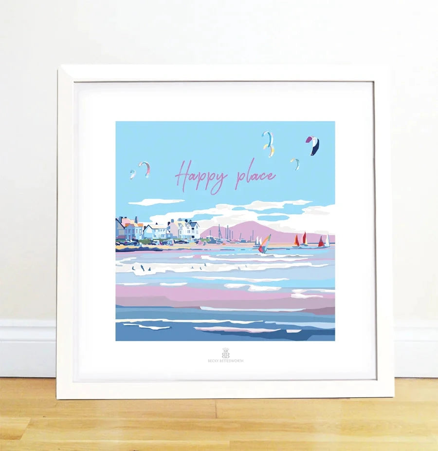 Seaside Art Print - Happy Place Beach Quote by Becky Bettesworth by BeckyBettesworth (happy-place)