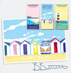 Vintage Seaside Poster – Happy Daze Beach Huts by Devon Artist by BeckyBettesworth (happy-daze)