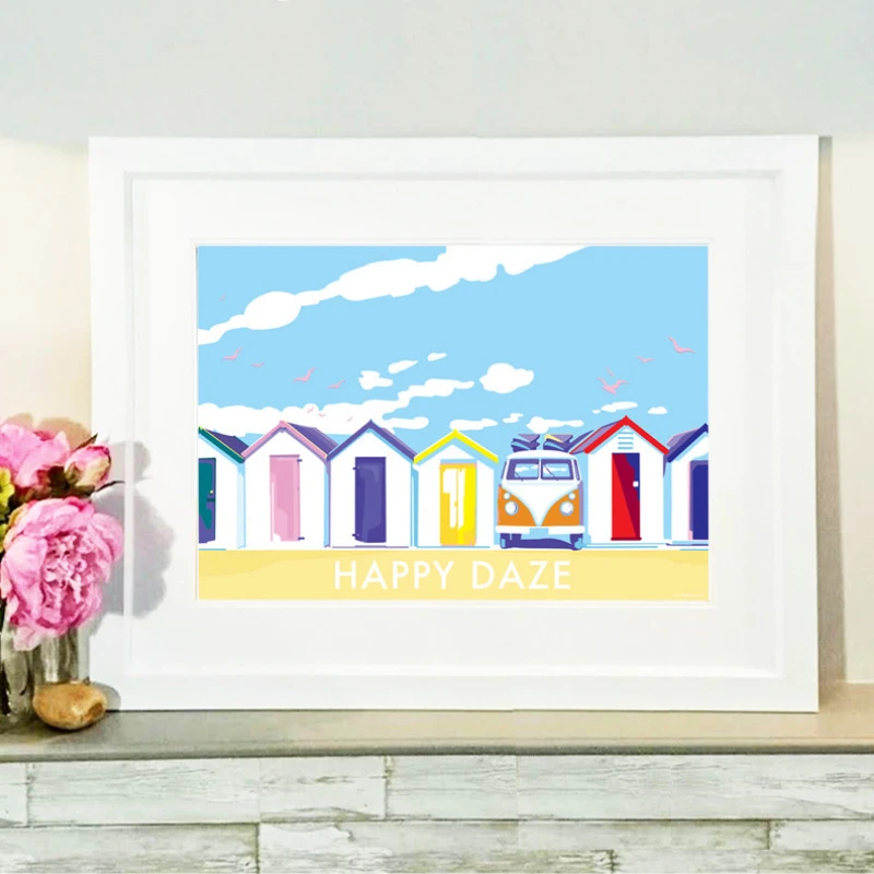 Vintage Seaside Poster – Happy Daze Beach Huts by Devon Artist by BeckyBettesworth (happy-daze)