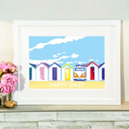 Vintage Seaside Poster – Happy Daze Beach Huts by Devon Artist by BeckyBettesworth (happy-daze)