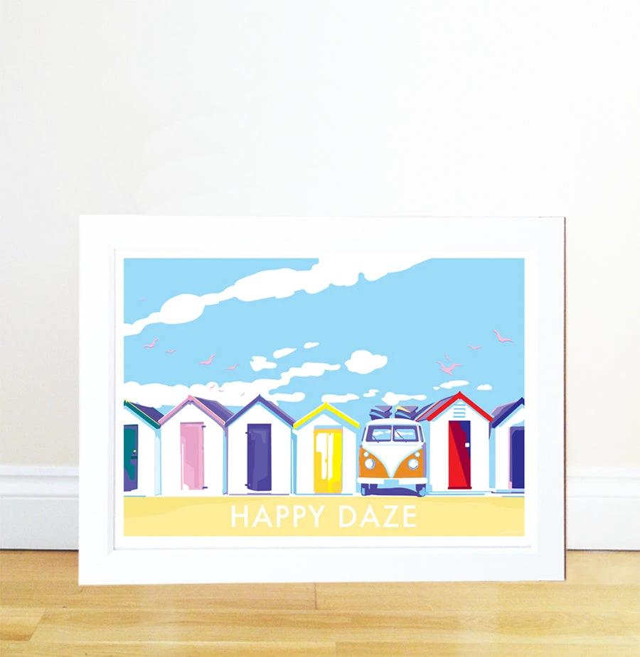 Vintage Seaside Poster – Happy Daze Beach Huts by Devon Artist by BeckyBettesworth (happy-daze)