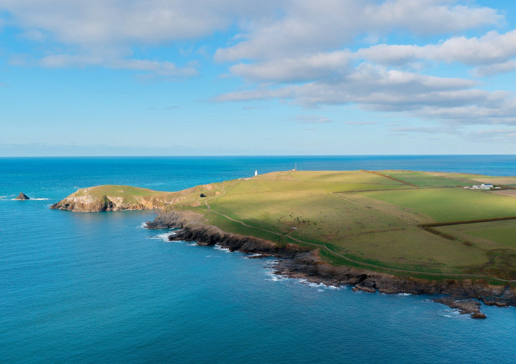 Trevose Head Lighthouse Print-Calm Coastal View-Aerial View-A3-Cornwall Prints by Cornwall Prints (trevose-head-lighthouse-calm-atlantic-south-view)