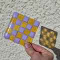 Glass Coasters – Handcrafted Lavender & Amber Checkerboard Design by David Perry Glass & Ceramics (lavender-transparent-amber-coaster-bullseye-collection)