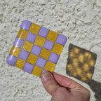 Glass Coasters – Handcrafted Lavender & Amber Checkerboard Design by David Perry Glass & Ceramics (lavender-transparent-amber-coaster-bullseye-collection)