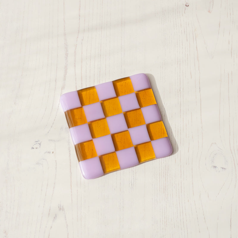 Glass Coasters – Handcrafted Lavender & Amber Checkerboard Design by David Perry Glass & Ceramics (lavender-transparent-amber-coaster-bullseye-collection)