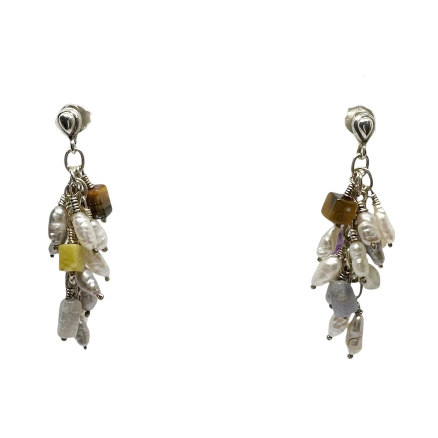 Gemstone Drop Earrings – Handcrafted with Pearls & Amethyst by Tg-Jewellery By Tamara Gervasio (grappolo-gemstone-drop-earrings-with-pearls-amethyst-tiger-eye-sodalite-recycle-sterling-silver)