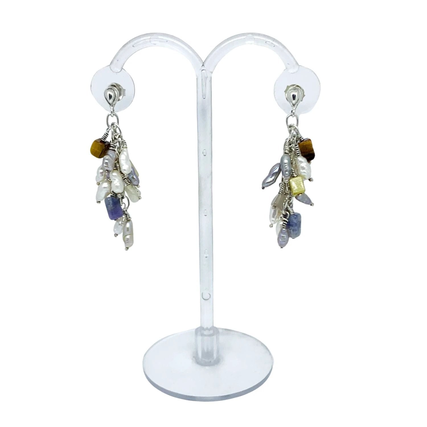 Gemstone Drop Earrings – Handcrafted with Pearls & Amethyst by Tg-Jewellery By Tamara Gervasio (grappolo-gemstone-drop-earrings-with-pearls-amethyst-tiger-eye-sodalite-recycle-sterling-silver)