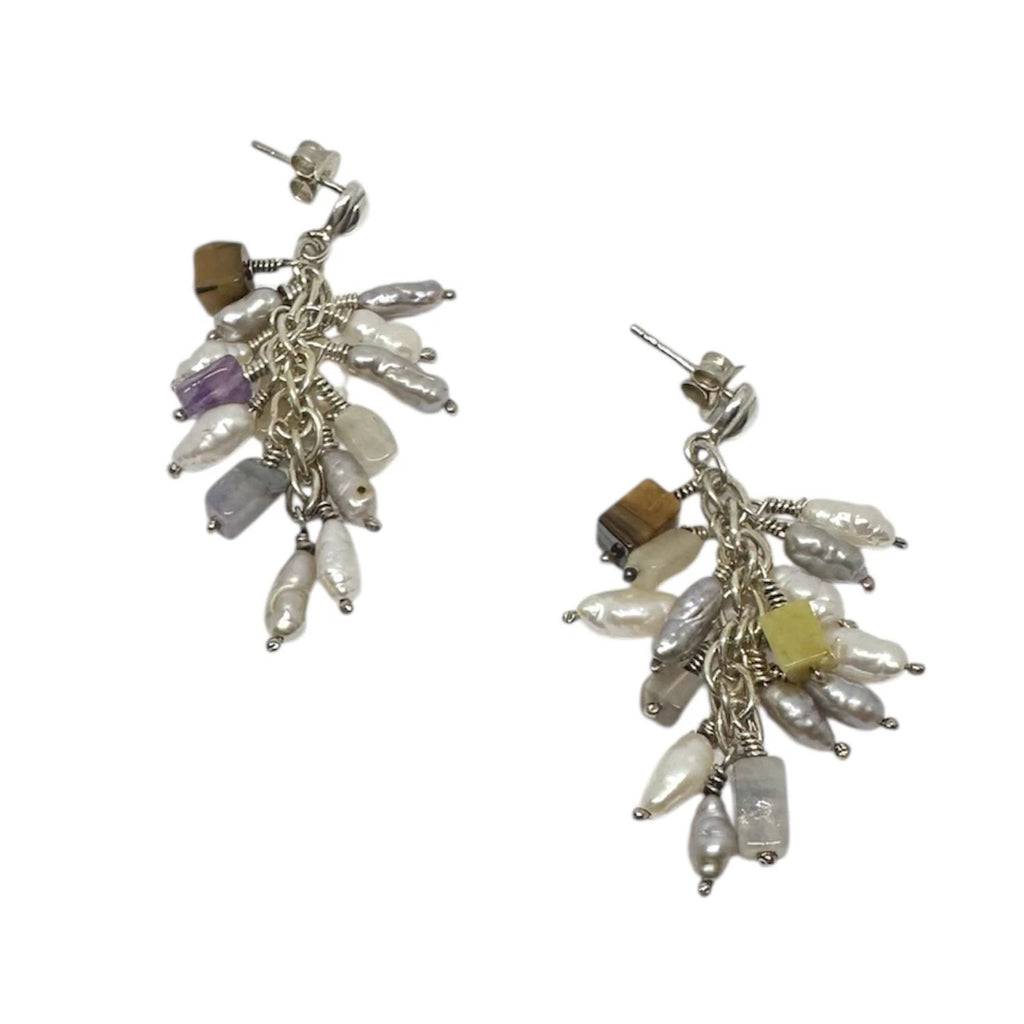 Gemstone Drop Earrings – Handcrafted with Pearls & Amethyst by Tg-Jewellery By Tamara Gervasio (grappolo-gemstone-drop-earrings-with-pearls-amethyst-tiger-eye-sodalite-recycle-sterling-silver)