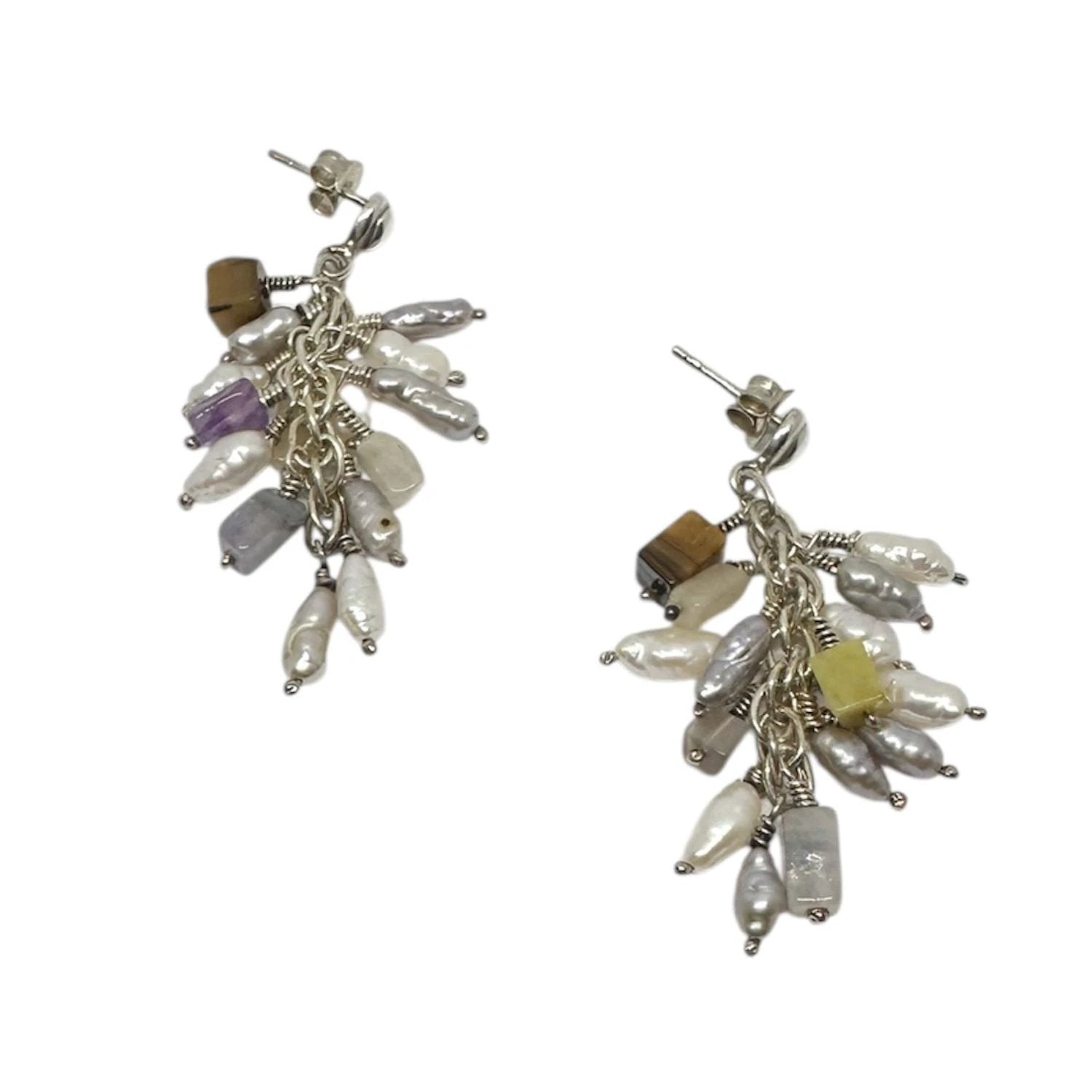 Gemstone Drop Earrings – Handcrafted with Pearls & Amethyst by Tg-Jewellery By Tamara Gervasio (grappolo-gemstone-drop-earrings-with-pearls-amethyst-tiger-eye-sodalite-recycle-sterling-silver)
