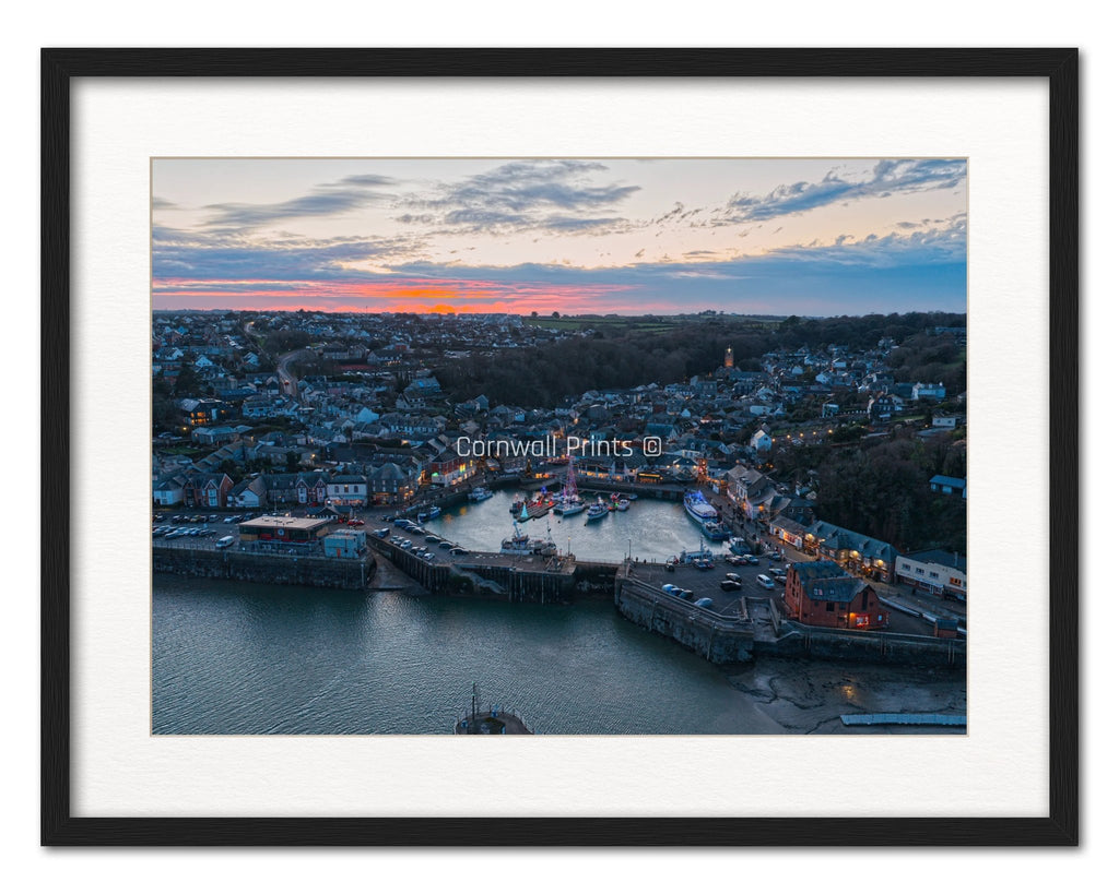 Padstow Print - Festive Harbour at Dusk Fine Art by Cornwall Prints (padstow-harbour-at-christmas-head-on-at-dusk)