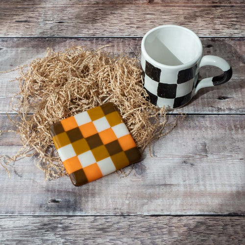 10cm Chequered Brown/Orange Coaster - Bullseye Collection
