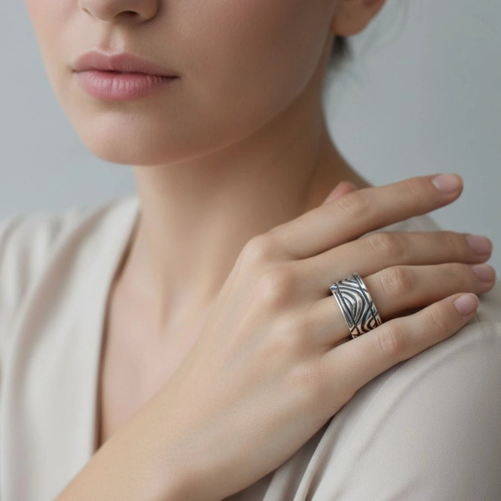 Sterling Silver Ring - Handcrafted Wood Grain Design