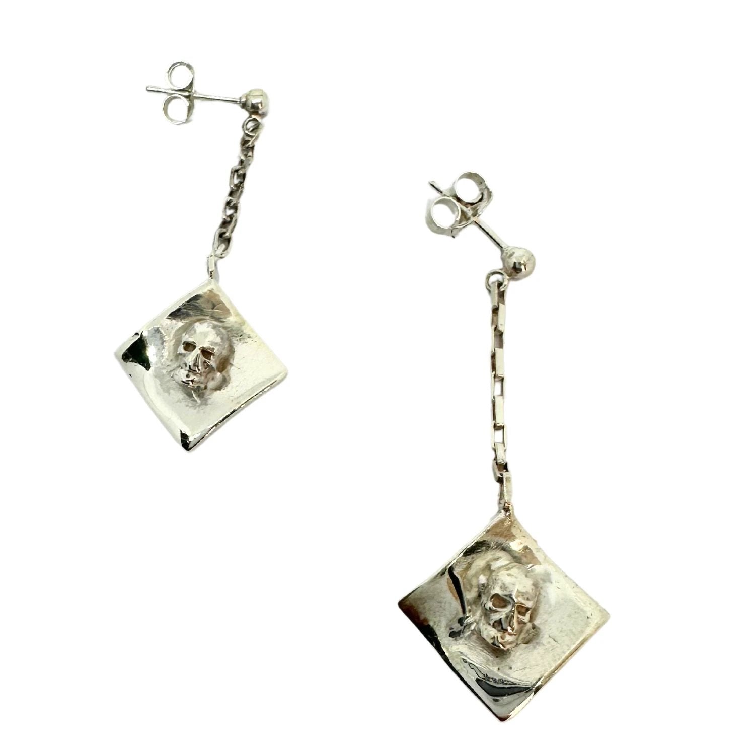 Skull Earrings – Handcrafted Sterling Silver Gothic Drop Earrings by Tg-Jewellery By Tamara Gervasio (skull-dangle-rectangular-trace-chain-earrings-sterling-silver-925)