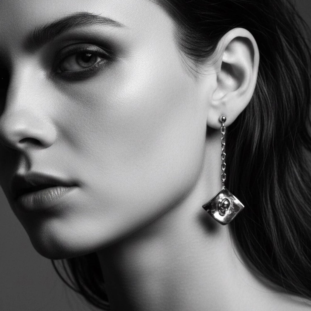 Skull Earrings – Handcrafted Sterling Silver Gothic Drop Earrings by Tg-Jewellery By Tamara Gervasio (skull-dangle-rectangular-trace-chain-earrings-sterling-silver-925)